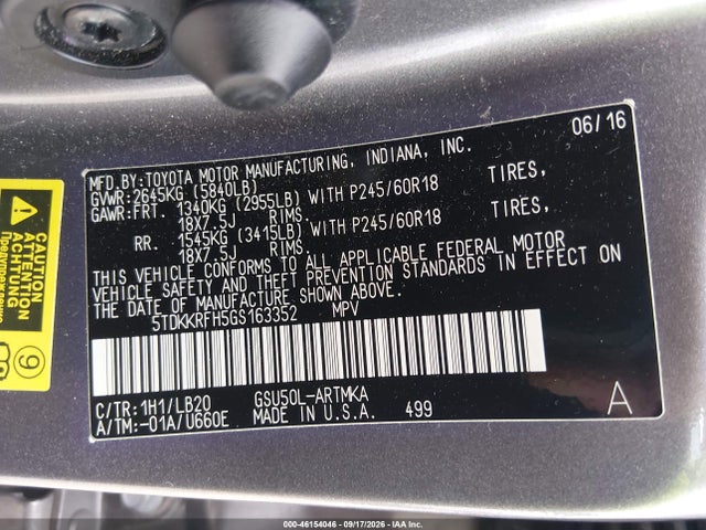 46154046 :رقم المزاد ، 5TDKKRFH5GS163352 vin ، 2016 Toyota Highlander Xle V6 مزاد بيع