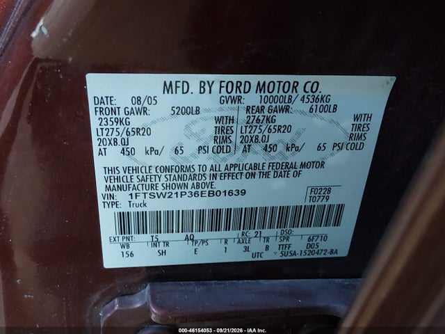 Продаж на аукціоні авто 2006 Ford F-250 Lariat/xl/xlt, vin: 1FTSW21P36EB01639, номер лоту: 46154053