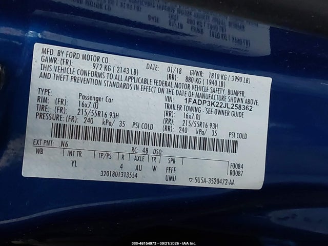 Продаж на аукціоні авто 2018 Ford Focus Se, vin: 1FADP3K22JL258362, номер лоту: 46154073