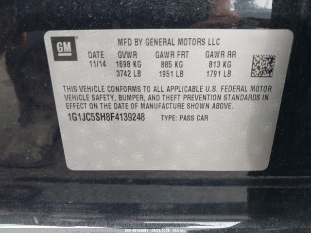 46154091 :رقم المزاد ، 1G1JC5SH8F4139248 vin ، 2015 Chevrolet Sonic Lt Auto مزاد بيع