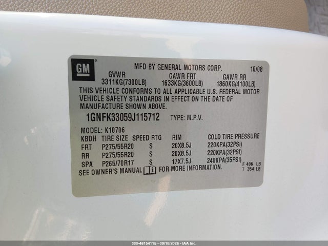 46154115 :رقم المزاد ، 1GNFK33059J115712 vin ، 2009 Chevrolet Tahoe Ltz مزاد بيع