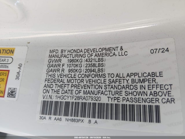 46154126 :رقم المزاد ، 1HGCY1F28RA079320 vin ، 2024 Honda Accord Lx مزاد بيع