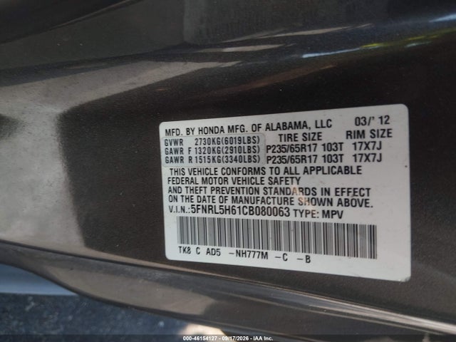 Aukcja sprzedaży 2012 Honda Odyssey Ex-l, vin: 5FNRL5H61CB080063, numer aukcji: 46154127