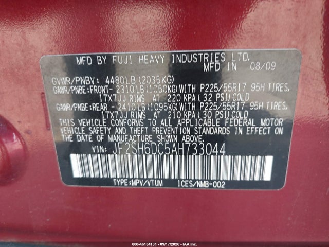 2010 Subaru Forester 2.5x Limited მანქანა იყიდება აუქციონზე, vin: JF2SH6DC5AH733044, აუქციონის ნომერი: 46154131
