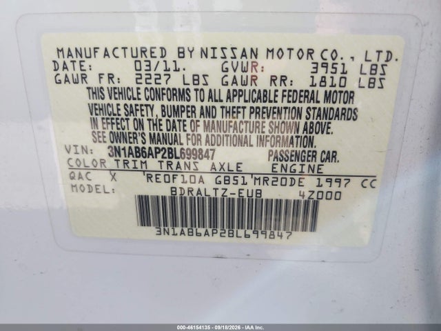 Продажа на аукционе авто 2011 Nissan Sentra 2.0sr, vin: 3N1AB6AP2BL699847, номер лота: 46154135