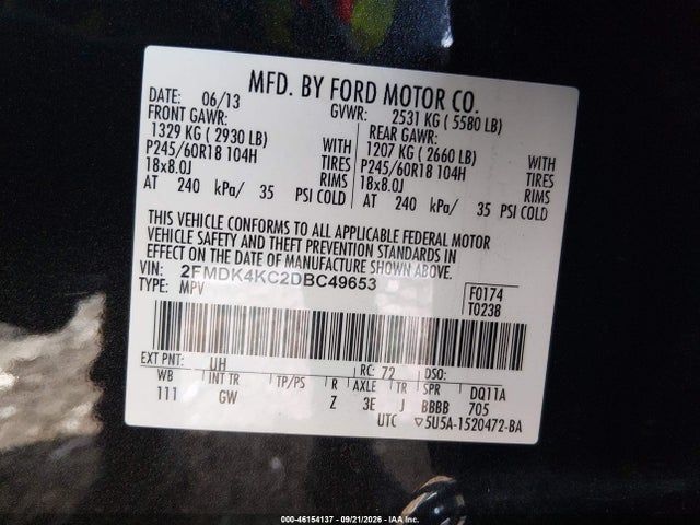 46154137 :رقم المزاد ، 2FMDK4KC2DBC49653 vin ، 2013 Ford Edge Limited مزاد بيع