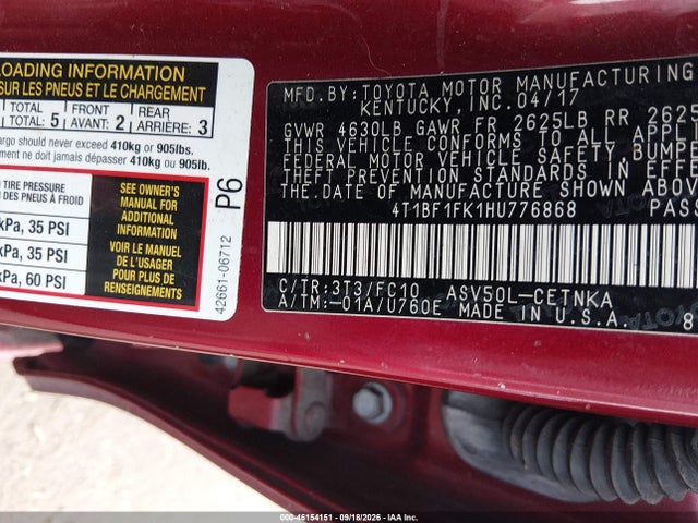 46154151 :رقم المزاد ، 4T1BF1FK1HU776868 vin ، 2017 Toyota Camry Le مزاد بيع