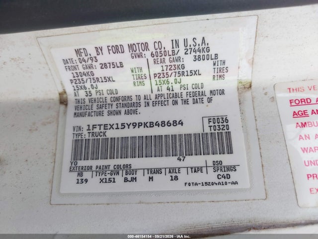 Aukcja sprzedaży 1993 Ford F150, vin: 1FTEX15Y9PKB48684, numer aukcji: 46154154