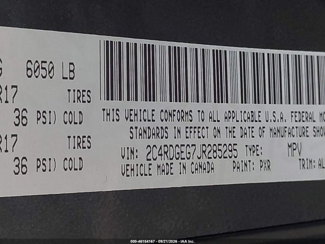 46154167 :رقم المزاد ، 2C4RDGEG7JR285295 vin ، 2018 Dodge Grand Caravan Gt مزاد بيع
