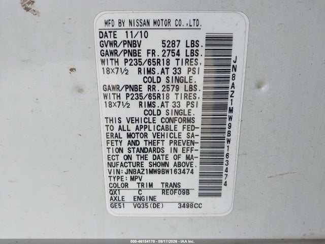 Aukcja sprzedaży 2011 Nissan Murano S, vin: JN8AZ1MW9BW163474, numer aukcji: 46154170