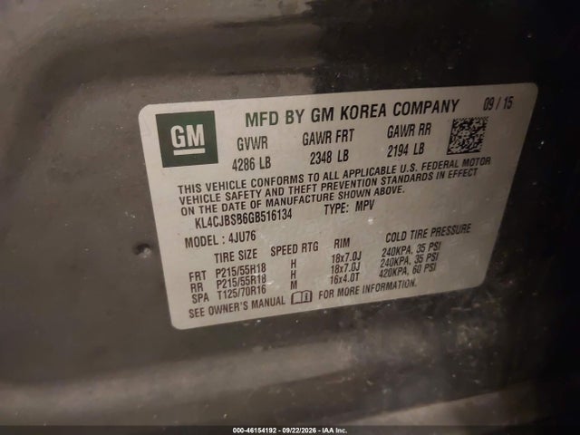 46154192 :رقم المزاد ، KL4CJBSB6GB516134 vin ، 2016 Buick Encore Convenience مزاد بيع