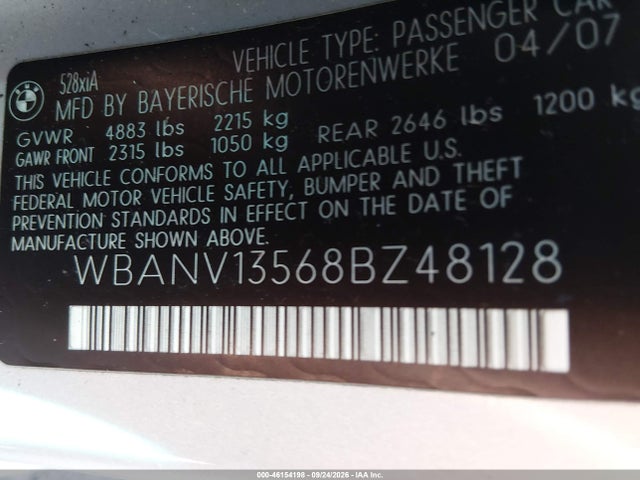 Aukcja sprzedaży 2008 Bmw 528xi, vin: WBANV13568BZ48128, numer aukcji: 46154198