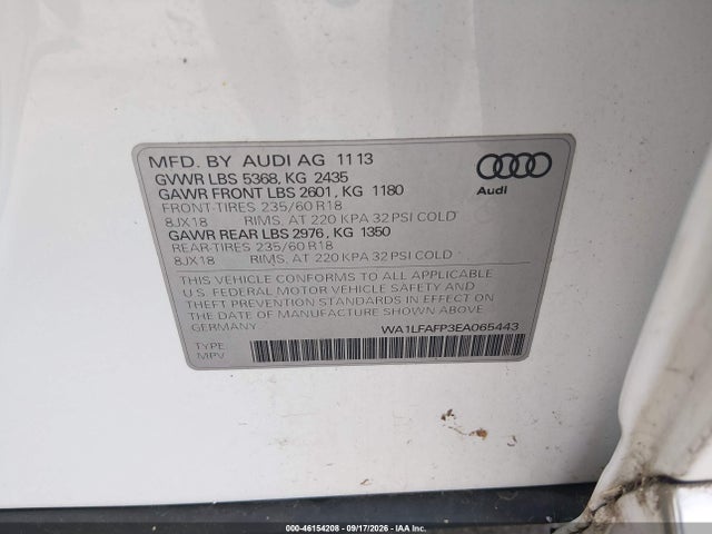46154208 :رقم المزاد ، WA1LFAFP3EA065443 vin ، 2014 Audi Q5 2.0t Premium مزاد بيع