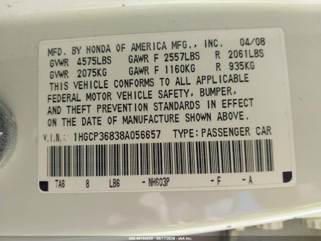 Aukcja sprzedaży 2008 Honda Accord 3.5 Ex-l, vin: 1HGCP36838A056657, numer aukcji: 46154209
