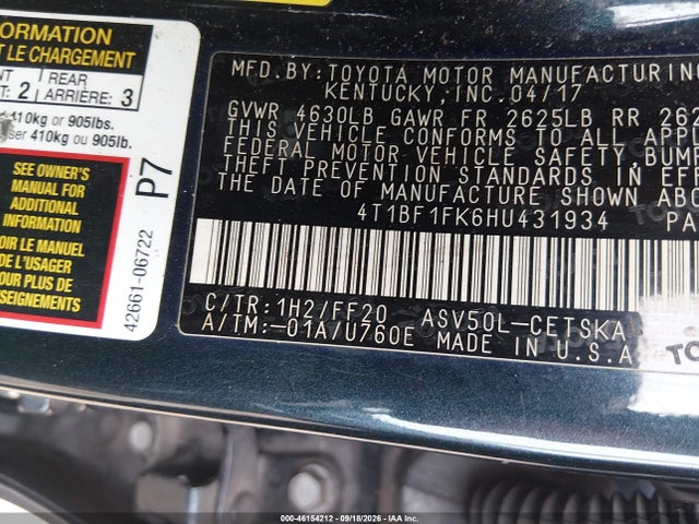 46154212 :رقم المزاد ، 4T1BF1FK6HU431934 vin ، 2017 Toyota Camry Se مزاد بيع