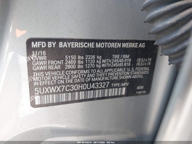 Aukcja sprzedaży 2017 Bmw X3 Xdrive35i, vin: 5UXWX7C30H0U43327, numer aukcji: 46154216