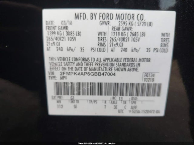 Продаж на аукціоні авто 2016 Ford Edge Sport, vin: 2FMPK4AP6GBB47004, номер лоту: 46154226
