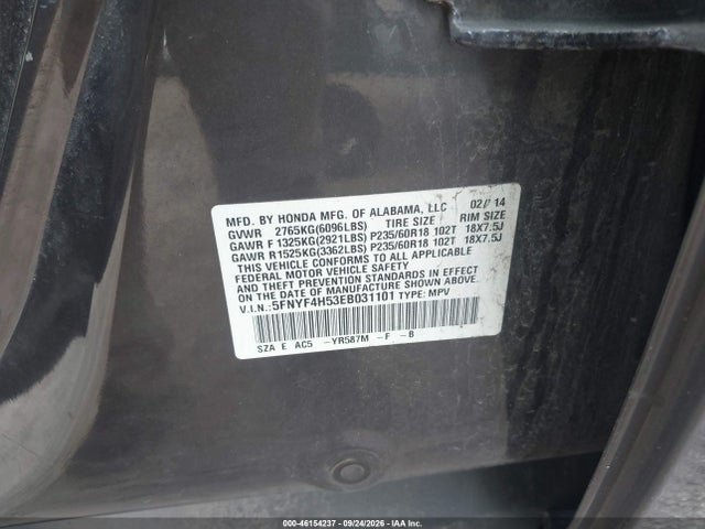 46154237 :رقم المزاد ، 5FNYF4H53EB031101 vin ، 2014 Honda Pilot Ex-l مزاد بيع