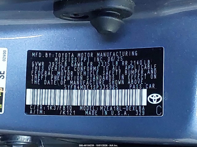 46154239 :رقم المزاد ، 5YFB4MDE1SP335965 vin ، 2025 Toyota Corolla Le مزاد بيع