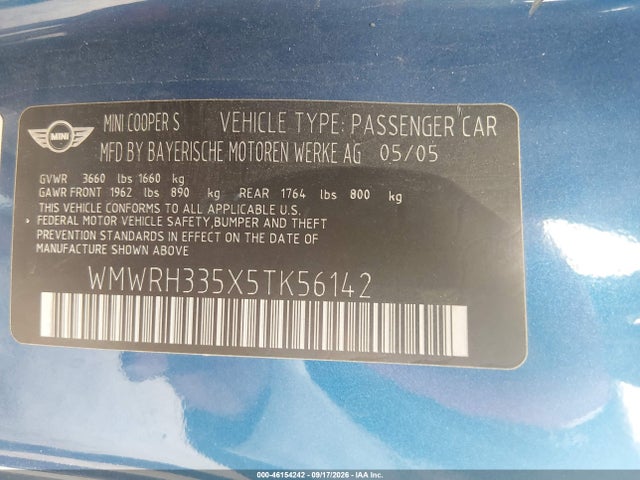 46154242 :رقم المزاد ، WMWRH335X5TK56142 vin ، 2005 Mini Cooper S مزاد بيع