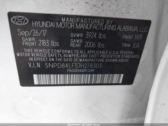 46154243 :رقم المزاد ، 5NPD84LF5JH278303 vin ، 2018 Hyundai Elantra Value Edition مزاد بيع