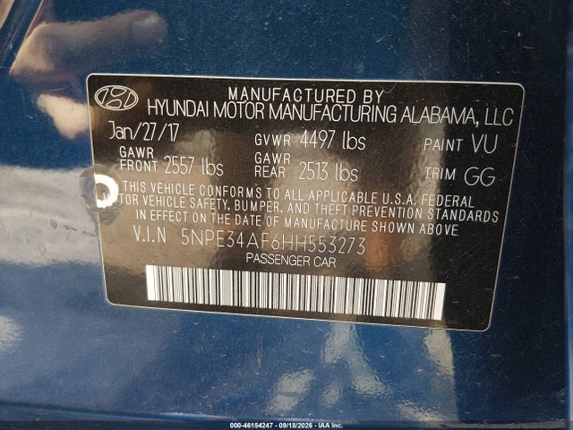 Продажа на аукционе авто 2017 Hyundai Sonata Limited, vin: 5NPE34AF6HH553273, номер лота: 46154247