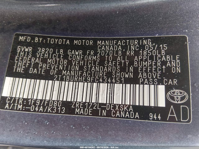 Aukcja sprzedaży 2015 Toyota Corolla S Plus, vin: 2T1BURHE9FC434451, numer aukcji: 46154262