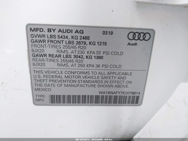 2019 Audi Q5 45 Premium მანქანა იყიდება აუქციონზე, vin: WA1BNAFY7K2078614, აუქციონის ნომერი: 46154272