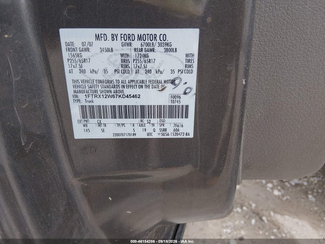 Продаж на аукціоні авто 2007 Ford F-150 Stx/xl/xlt, vin: 1FTRX12W67KD45462, номер лоту: 46154286