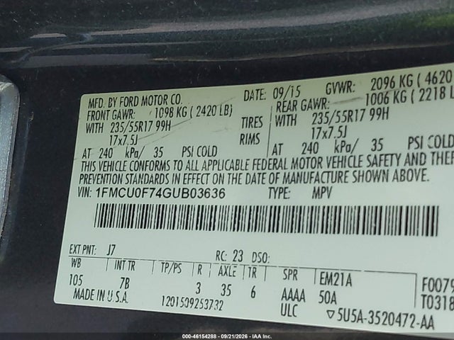 2016 Ford Escape S მანქანა იყიდება აუქციონზე, vin: 1FMCU0F74GUB03636, აუქციონის ნომერი: 46154288