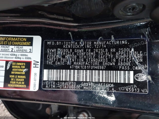 46154299 :رقم المزاد ، 4T1BK1EB1FU146987 vin ، 2015 Toyota Avalon Xle Premium مزاد بيع