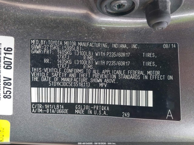 Продажа на аукционе авто 2014 Toyota Sienna Xle V6 8 Passenger, vin: 5TDYK3DC5ES518113, номер лота: 46154305