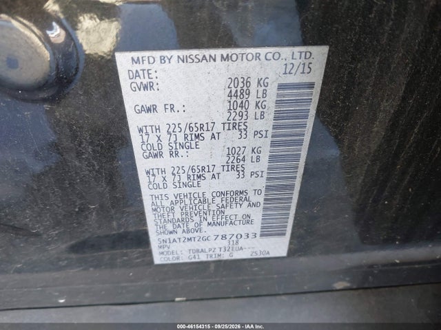 2016 Nissan Rogue S მანქანა იყიდება აუქციონზე, vin: 5N1AT2MT2GC787033, აუქციონის ნომერი: 46154315
