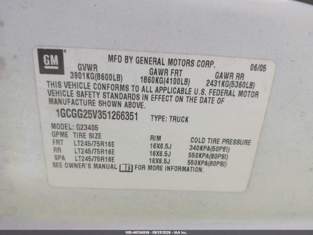 46154316 :رقم المزاد ، 1GCGG25V351266351 vin ، 2005 Chevrolet Express مزاد بيع