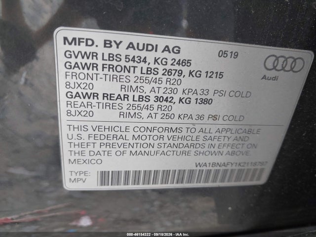 46154322 :رقم المزاد ، WA1BNAFY1K2118797 vin ، 2019 Audi Q5 45 Premium مزاد بيع