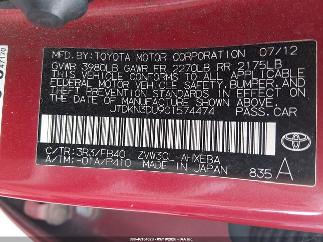 Aukcja sprzedaży 2012 Toyota Prius Two, vin: JTDKN3DU9C1574474, numer aukcji: 46154328