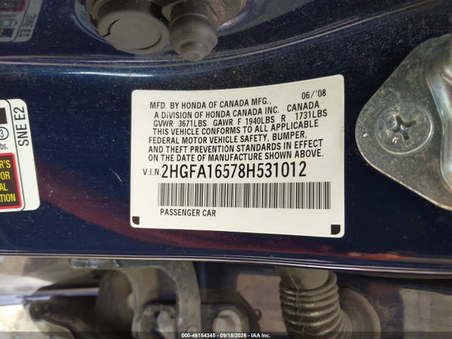 2008 Honda Civic Lx მანქანა იყიდება აუქციონზე, vin: 2HGFA16578H531012, აუქციონის ნომერი: 46154345