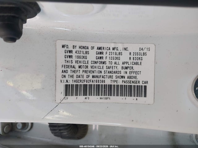 Продаж на аукціоні авто 2015 Honda Accord Ex-l, vin: 1HGCR2F82FA169386, номер лоту: 46154346