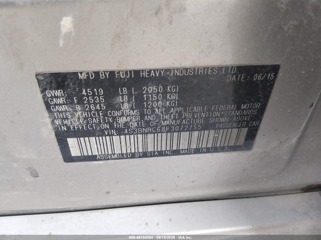 46154354 :رقم المزاد ، 4S3BNBC68F3072755 vin ، 2015 Subaru Legacy 2.5i Premium مزاد بيع
