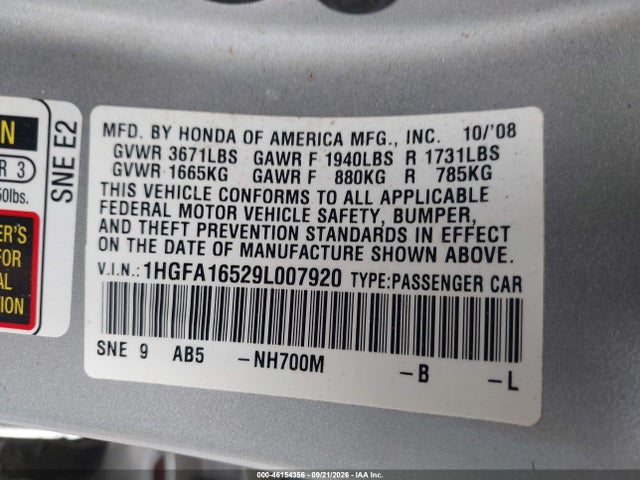 2009 Honda Civic Lx მანქანა იყიდება აუქციონზე, vin: 1HGFA16529L007920, აუქციონის ნომერი: 46154356