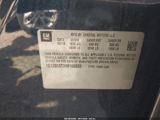 2017 Chevrolet Malibu Ls მანქანა იყიდება აუქციონზე, vin: 1G1ZB5STXHF109833, აუქციონის ნომერი: 46154365