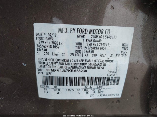 2019 Ford Edge Sel მანქანა იყიდება აუქციონზე, vin: 2FMPK4J97KBB68230, აუქციონის ნომერი: 46154366