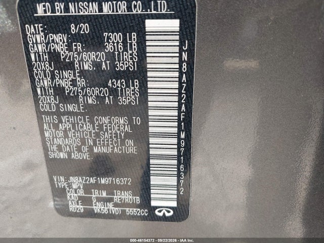Aukcja sprzedaży 2021 Infiniti Qx80 Luxe, vin: JN8AZ2AF1M9716372, numer aukcji: 46154372