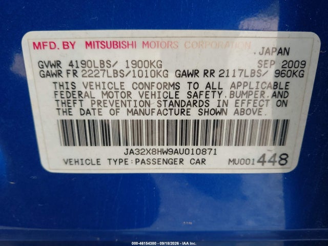 46154380 :رقم المزاد ، JA32X8HW9AU010871 vin ، 2010 Mitsubishi Lancer Sportback Gts مزاد بيع