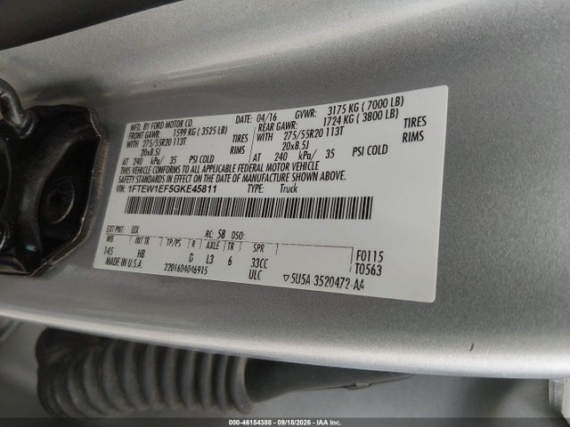 Aukcja sprzedaży 2016 Ford F-150 Lariat, vin: 1FTEW1EF5GKE45811, numer aukcji: 46154388