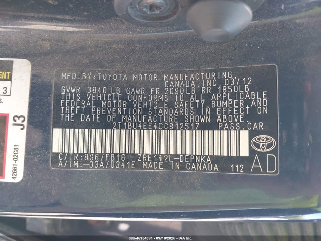 46154391 :رقم المزاد ، 2T1BU4EE4CC812517 vin ، 2012 Toyota Corolla Le مزاد بيع