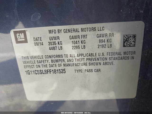 2015 Chevrolet Malibu 1lt მანქანა იყიდება აუქციონზე, vin: 1G11C5SL8FF181525, აუქციონის ნომერი: 46154392