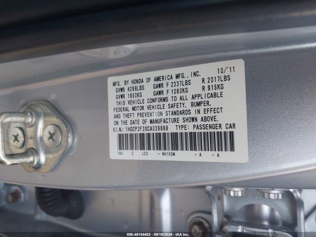 2012 Honda Accord 2.4 Lx მანქანა იყიდება აუქციონზე, vin: 1HGCP2F3XCA039698, აუქციონის ნომერი: 46154402