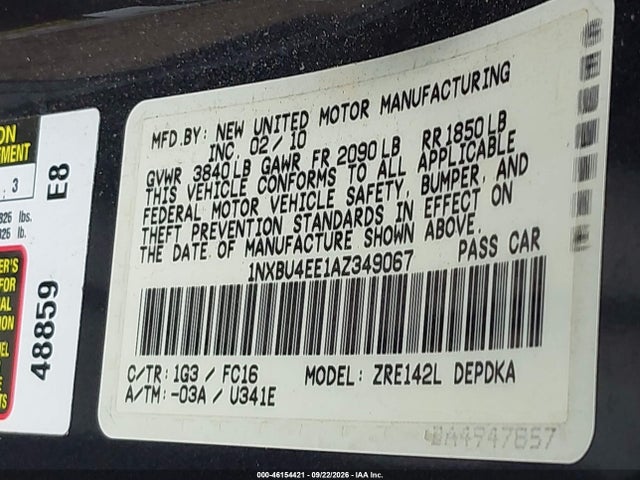 Продаж на аукціоні авто 2010 Toyota Corolla Le, vin: 1NXBU4EE1AZ349067, номер лоту: 46154421