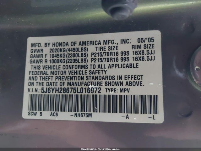 Продажа на аукционе авто 2005 Honda Element Ex, vin: 5J6YH28675L016972, номер лота: 46154428